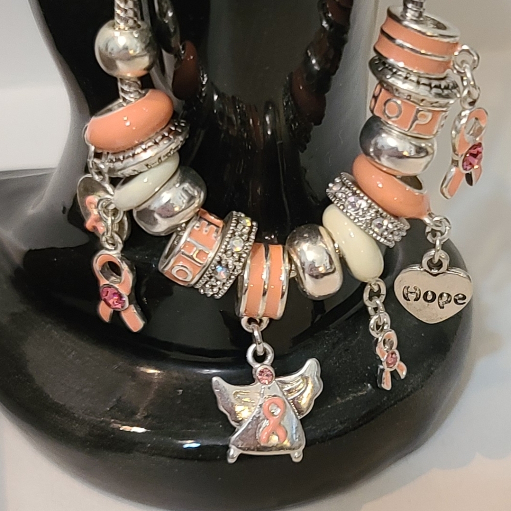Pink Cancer Ribbon 15 Charm bracelot